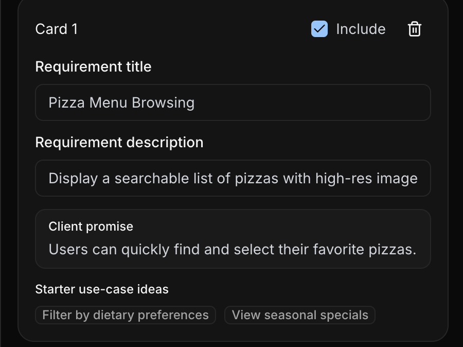 Muse Drafts tab showing one requirement draft card with include control, title, description, client promise, and starter use-case ideas